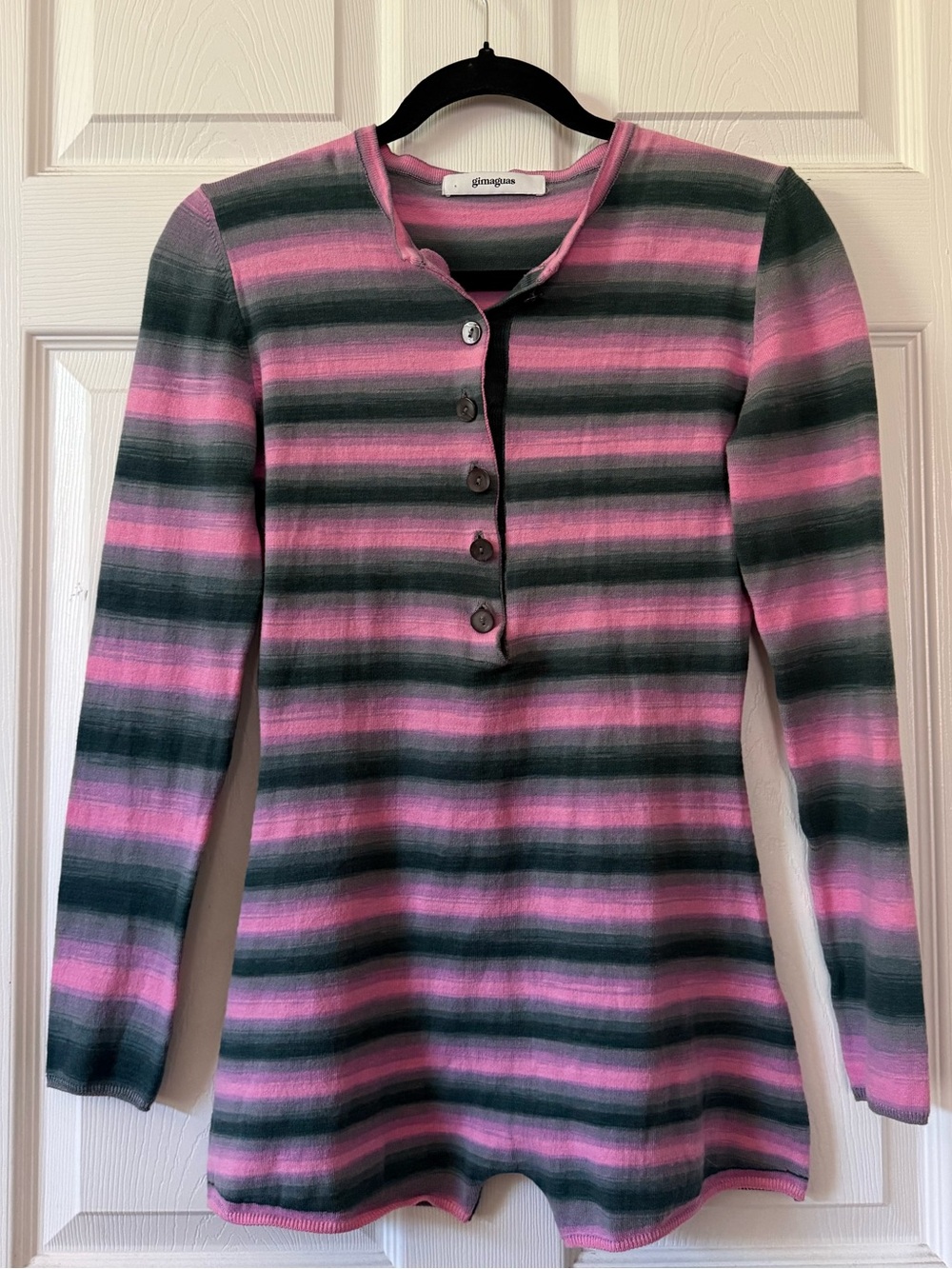 Gimaguas Striped Long-Sleeve Henley Romper in Pink & Gray - Picture 2 of 5